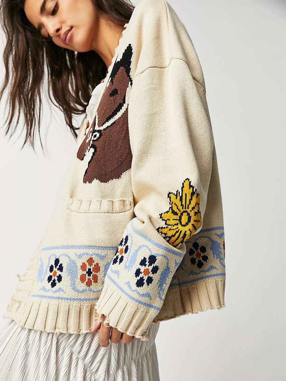 Profound Free People Oversized Floral Knit Horse Distressed Cardigan Size Small - Picture 2 of 12